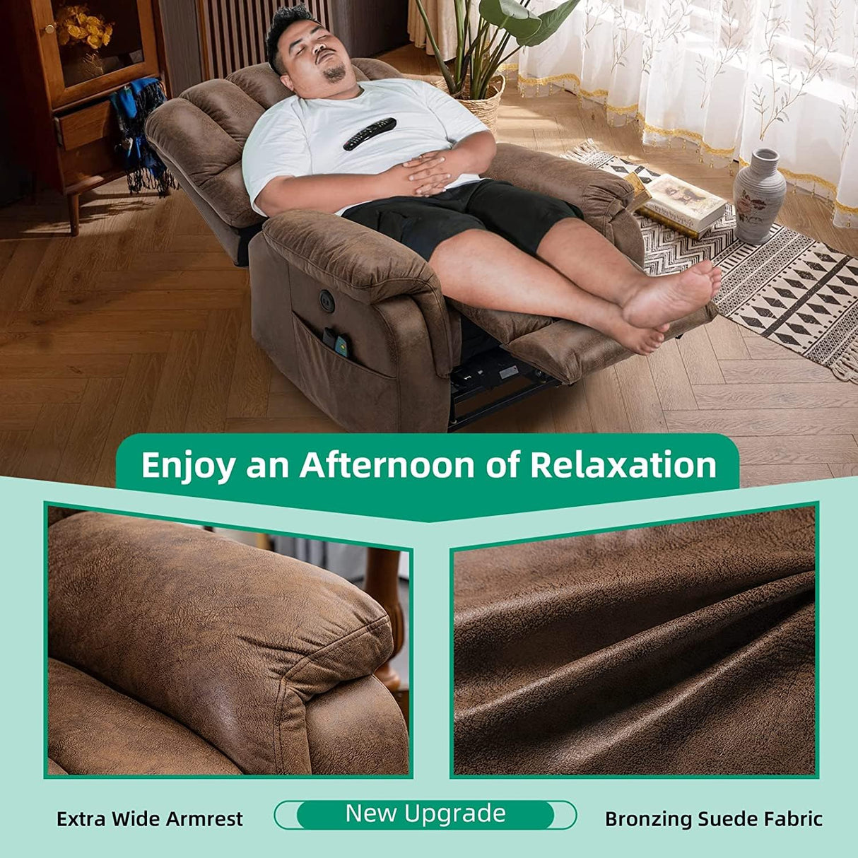 VIVIJASON Large Dual OKIN Motor Power Lift Recliner Chair for Elderly Big Man, 180° Lay Flat Electric Recliner with Heat & Massage, Infinite Position, 2 Remote Controls, Side Pockets & USB Port, Brown VIVIJASON