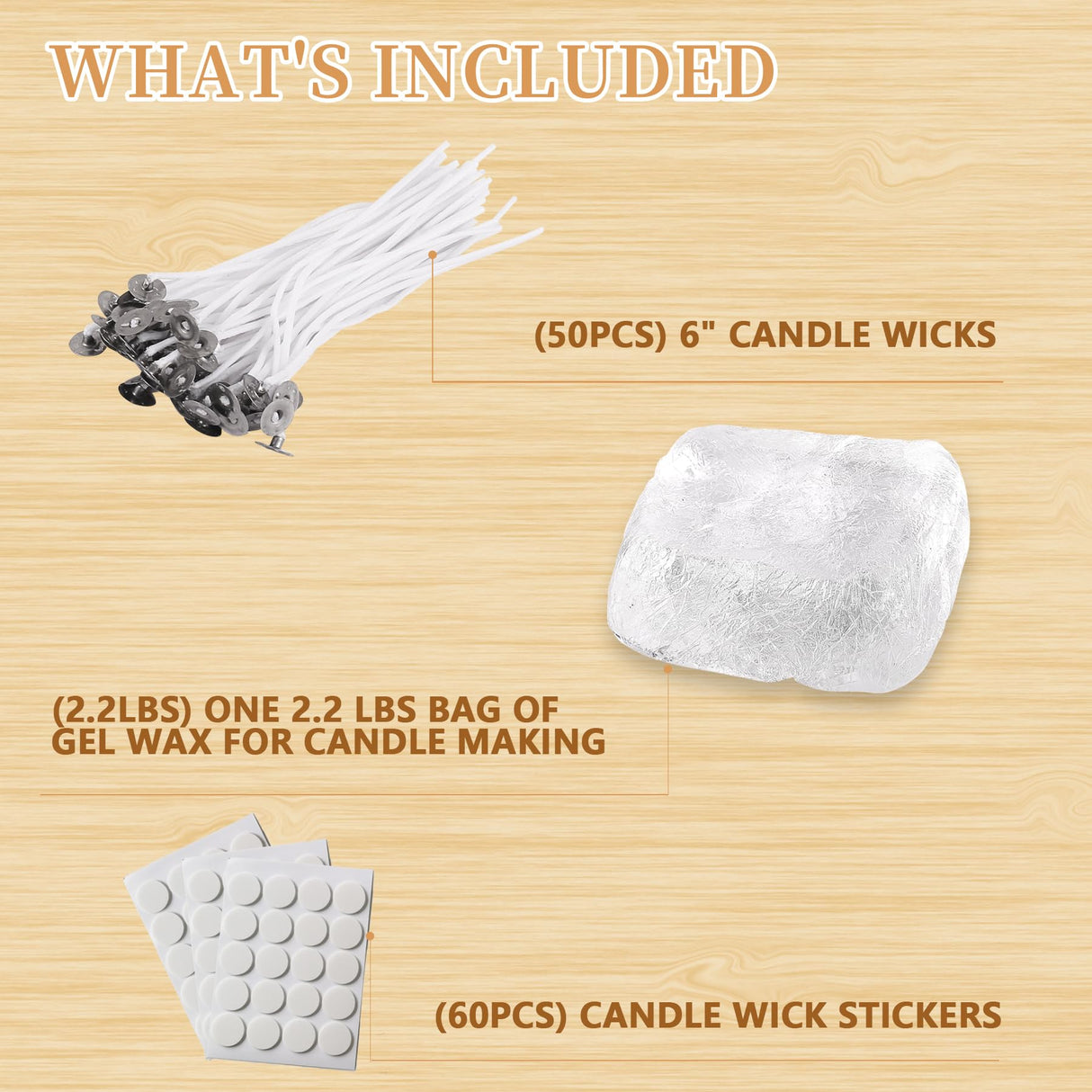 2.2 Lb Gel Wax for Candle Making Set, DIY Clear Gel Candle Wax, Handmade Jelly Wax Melts for Candle Making with 50pcs Wicks and 60pcs Candle Wick Stickers Vehipa