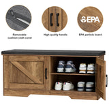 HOMSHO 2-Tier Storage Bench, Shoe Bench with Padded Seat Cushion, Entryway Bench with 2 Barn Doors, Adjustable Shelf, 13.8" D x 39.4" W x 17.7" H, for Entryway, Living Room, Bedroom, Rustic Walnut HOMSHO