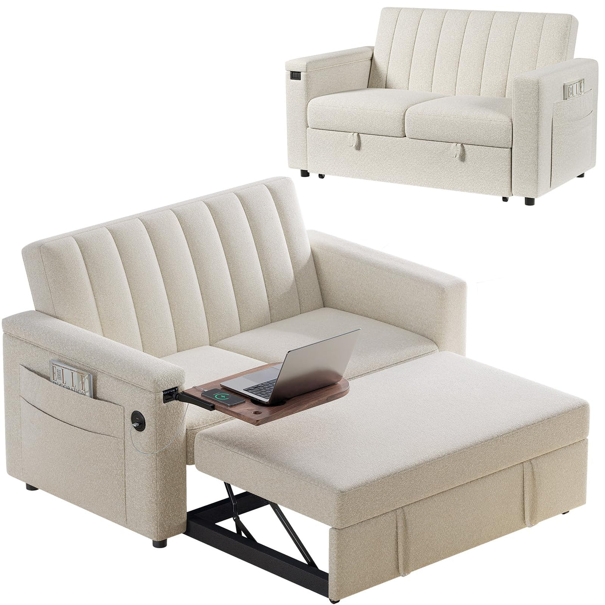 Amada 3 in 1 Sleeper Sofa Bed,Pull Out Couch with Side Table, Convertible Loveseat with Adjustable Backrest,Chaise Lounge with USB Ports & Side Pockets for Living Room, 69'' Pull Out Sofa Bed(Beige) AMADA HOMEFURNISHING