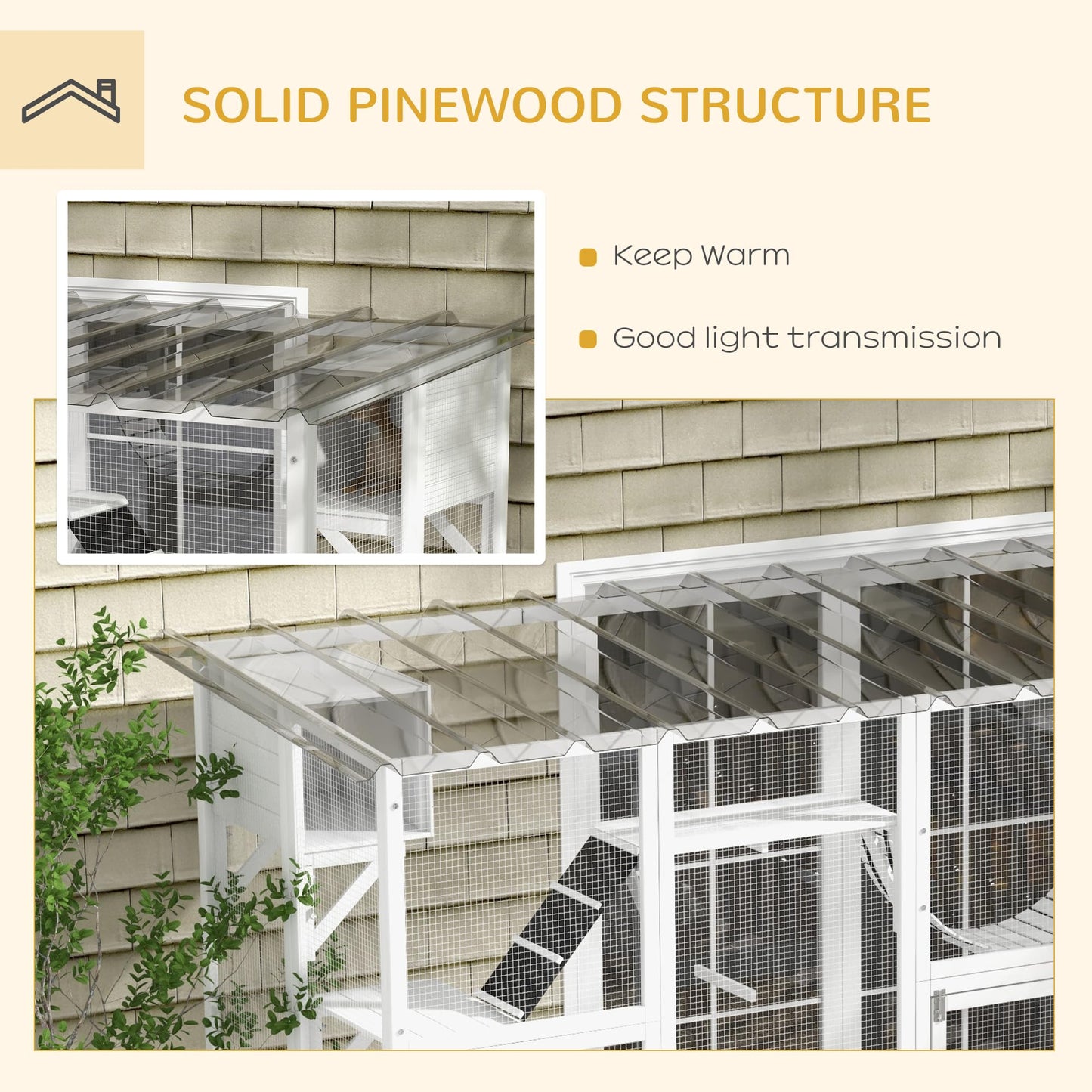 PawHut Catio Playground Cat Window Box Outside Enclosure, Outdoor Cat House with Weather Protection Roof for Multiple Kitties, Wooden Frame, Shelves & Bridges, 118" x 37.5" x 74", White - WoodArtSupply