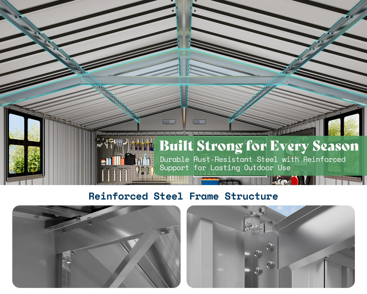 AMERLIFE 10x16.6x7.3 FT Metal Storage Shed with Lounge Area, Sliding Doors, 2 4-Pane Windows & Vents, Outdoor Tool Shed for Garden & Backyard, Heavy-Duty Weather-Resistant Steel, Dark Gray AMERLIFE