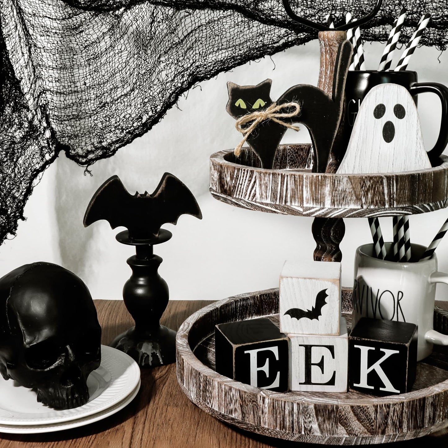 Treory Halloween Table Decorations Indoor: 4PCS Farmhouse Ghost Centerpiece Signs, Black White Boo EEK Double Side Wood Blocks, Rustic Tiered Tray Decor for Office Desk Home Mantel Shelf Fireplace