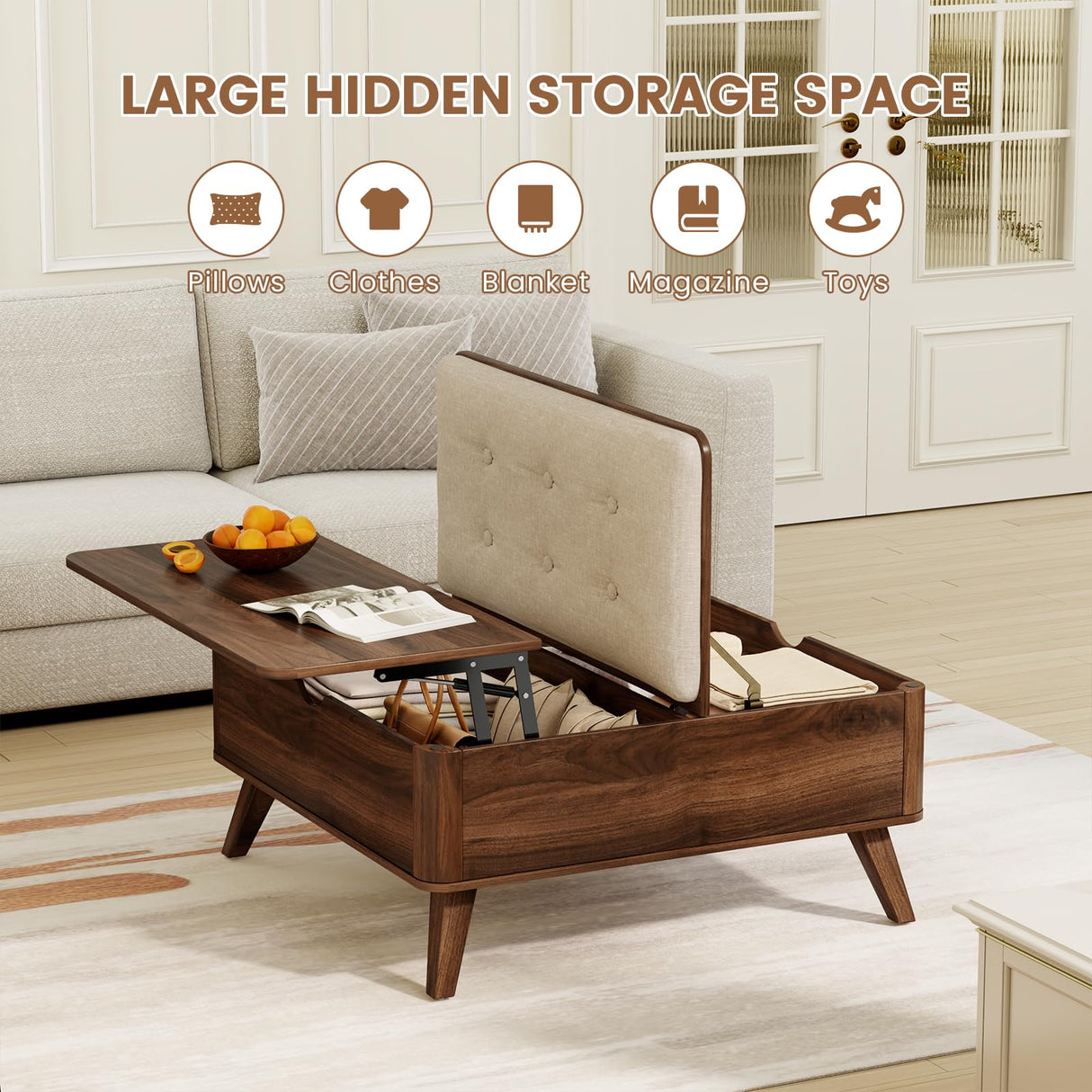 VOPEAK Lift Top Coffee Table with Storage, Large Square Coffee Table with Thickened Cushion, Family Gathering Center Table, Modern Wooden Coffee Tables for Living Room, Solid Wood Legs, Walnut VOPEAK