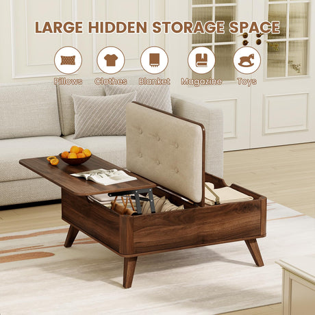 VOPEAK Lift Top Coffee Table with Storage, Large Square Coffee Table with Thickened Cushion, Family Gathering Center Table, Modern Wooden Coffee Tables for Living Room, Solid Wood Legs, Walnut VOPEAK