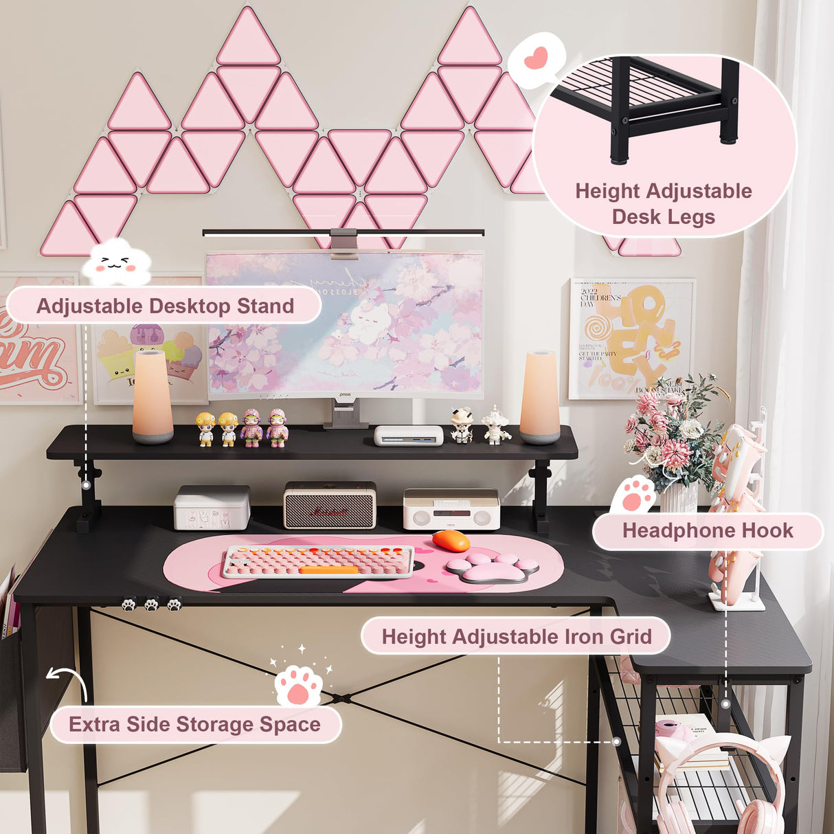 Dowinx L-Shaped Gaming Desk Cute with Cat Accessories, Built-in Power Outlet, Monitor Shelf, and Side Storage – Sturdy Metal Frame for Gamers and Home Office, 43-Inch, Black&Pink Dowinx