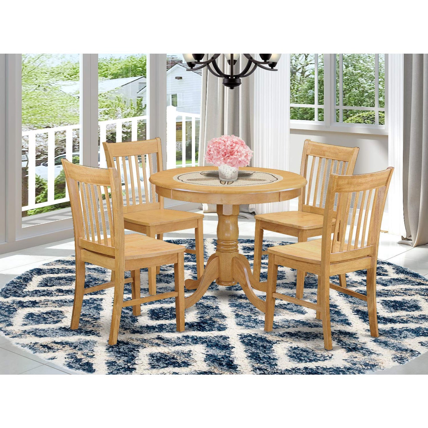 East West Furniture ANNO5-OAK-W 5 Piece Room Furniture Set Includes a Round Dining Table with Pedestal and 4 Wood Seat Chairs, 36x36 Inch - WoodArtSupply