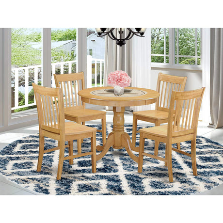 East West Furniture ANNO5-OAK-W 5 Piece Room Furniture Set Includes a Round Dining Table with Pedestal and 4 Wood Seat Chairs, 36x36 Inch East West Furniture