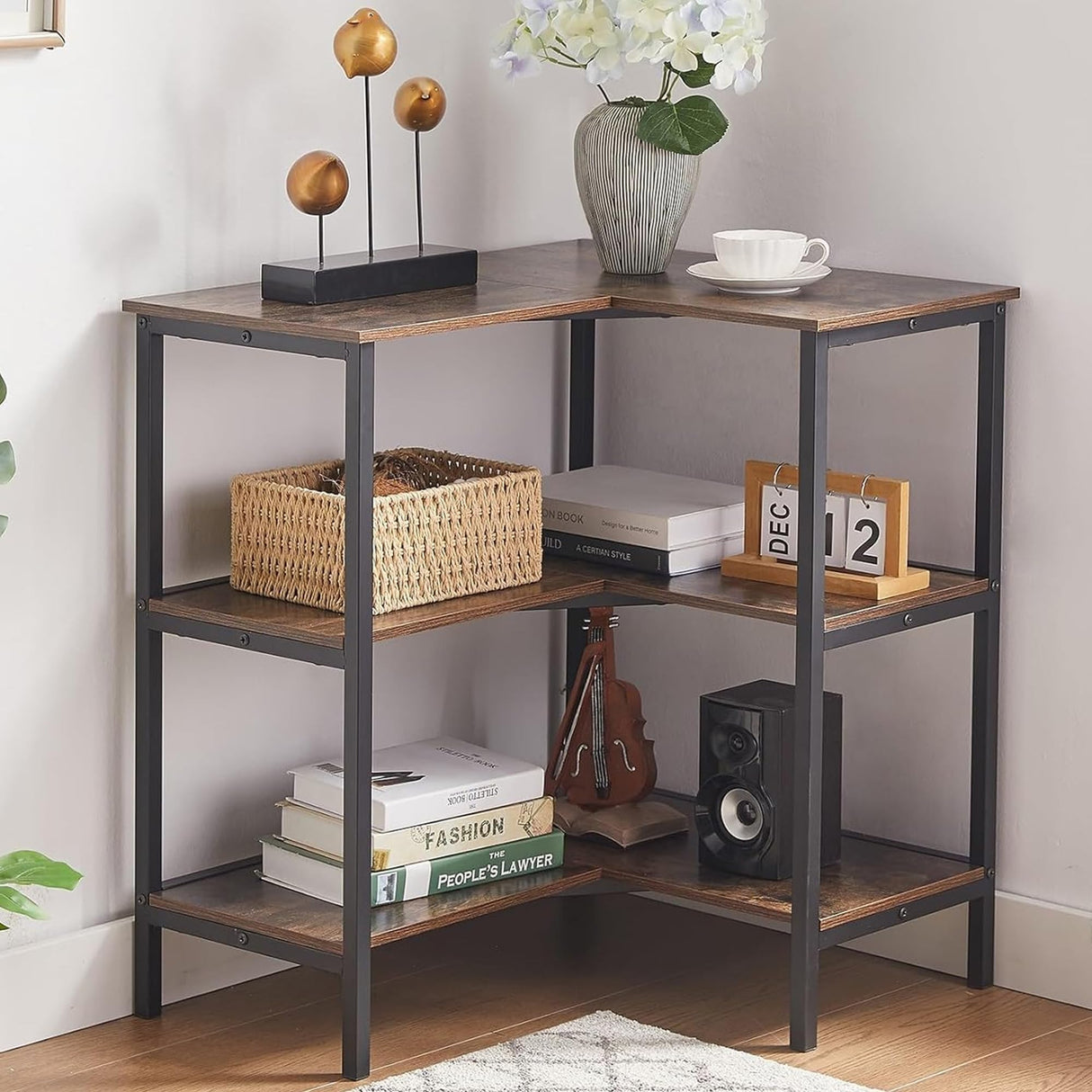 VECELO Corner Cabinet Table with 3 Tier Open Shelf, Multipurpose Display Organizer Storage Stand, for Small Space Living Room Home Office Kitchen, Brown VECELO