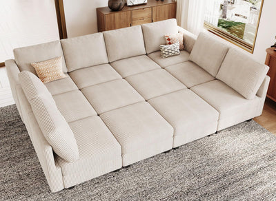 Belffin Oversized 12 Seat Modular Sectional Sleeper Sofa Convertible Sleeper Sofa with Storage Seat Large Corduroy Modular Sectional Couch for Living Room Beige