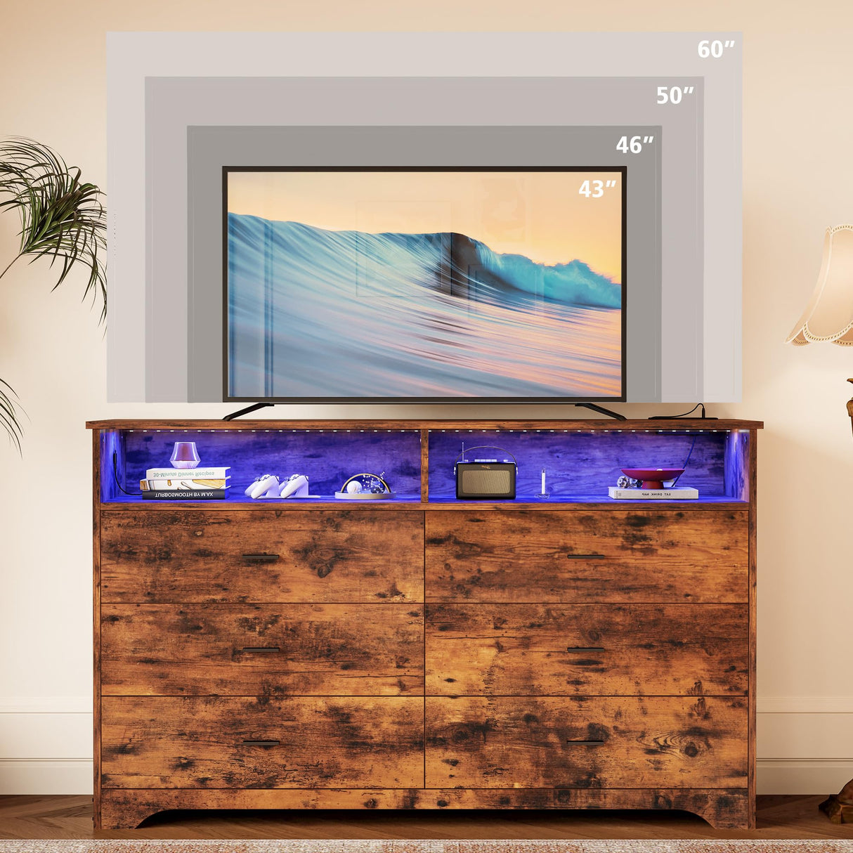 LIKIMIO 6 Drawer 59" Dresser with LED and Power Strip, Dressers & Chests of Drawers with Storage Cabinet for Bedroom, Rustic Brown LIKIMIO