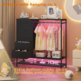 Dresser for Bedroom, Dresser with Hanging Rack Led Lights and Charging Station, Black Bedroom Dresser with 5 Fabric Chest of Drawers with PU Finish Storage Organizer, for Living Room Kids Room, Black SOOWERY