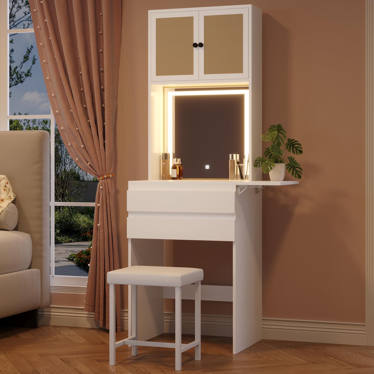 Rubikliss White Vanity with Lighted Mirror, Makeup Vanity Desk with Chair, Rattan Cabinet, 2 Drawers, 3 Lighting Modes Brightness Adjustable Small Space Saving Vanity Desk Makeup Table for Women Girls