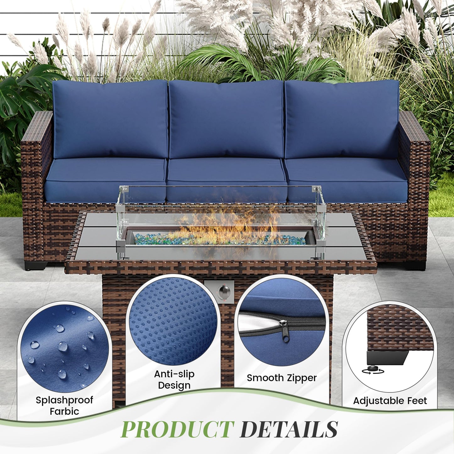 Amopatio Patio Furniture Set with Fire Pit Table, 6 Pieces Outdoor Oversized Sectional Couch Wicker Patio Armrest Sofa, 44" Fire Pit Conversation Sets with Storage Table, Waterproof Cover (Na - WoodArtSupply