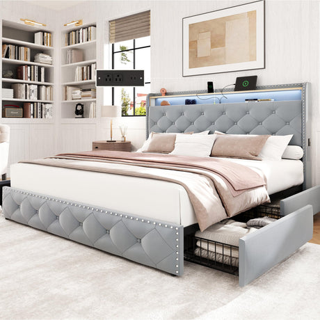 LARMACE King Size Bed Frame Velvet Upholstered LED Tufted King Platform Bed and Headboard with 4 Storage Drawers&USB Type-C Charging Station,No Box Spring Need/Noise Free,Easy Assembly,Bluish Grey LARMACE