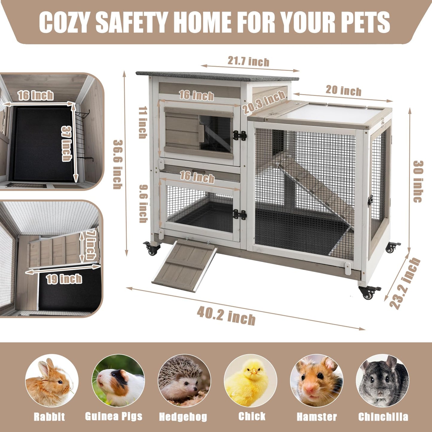 PetsCosset Rabbit Hutch Indoor 40" L Large 2 Story Outdoor Wooden Bunny Hutch with Run, 4 Metal Wheels & 2 Deeper Trays, UV-Proof Panel Rabbit Cage Guinea Pig Pet House for Small-Medium Animals