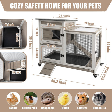 PetsCosset Rabbit Hutch Indoor 40" L Large 2 Story Outdoor Wooden Bunny Hutch with Run, 4 Metal Wheels & 2 Deeper Trays, UV-Proof Panel Rabbit Cage Guinea Pig Pet House for Small-Medium Animals PetsCosset