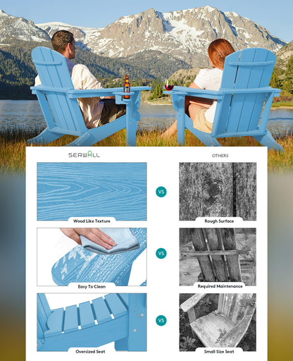 SERWALL Adirondack Chair with Cup Holders - Composite Adirondack Chairs HDPE Outdoor Chairs All Weather Use- Light Blue - WoodArtSupply