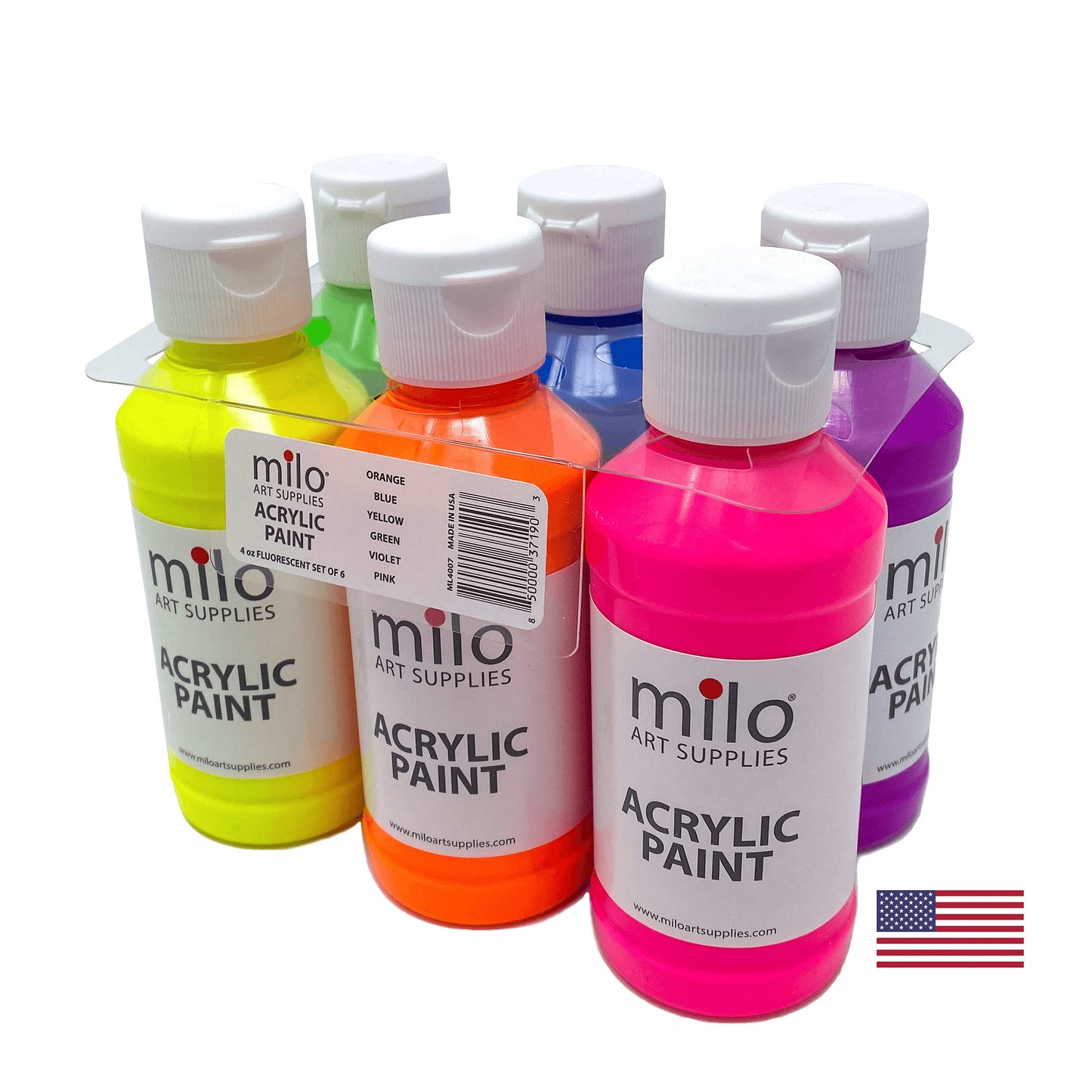 milo Fluorescent Acrylic Paint Set of 6 Colors | 4 oz Bottles | Student Neon Colors Acrylics Painting Pack | Made in the USA | Non-Toxic Art & Craft Paints for Artists, Kids, & Hobby Painters - WoodArtSupply