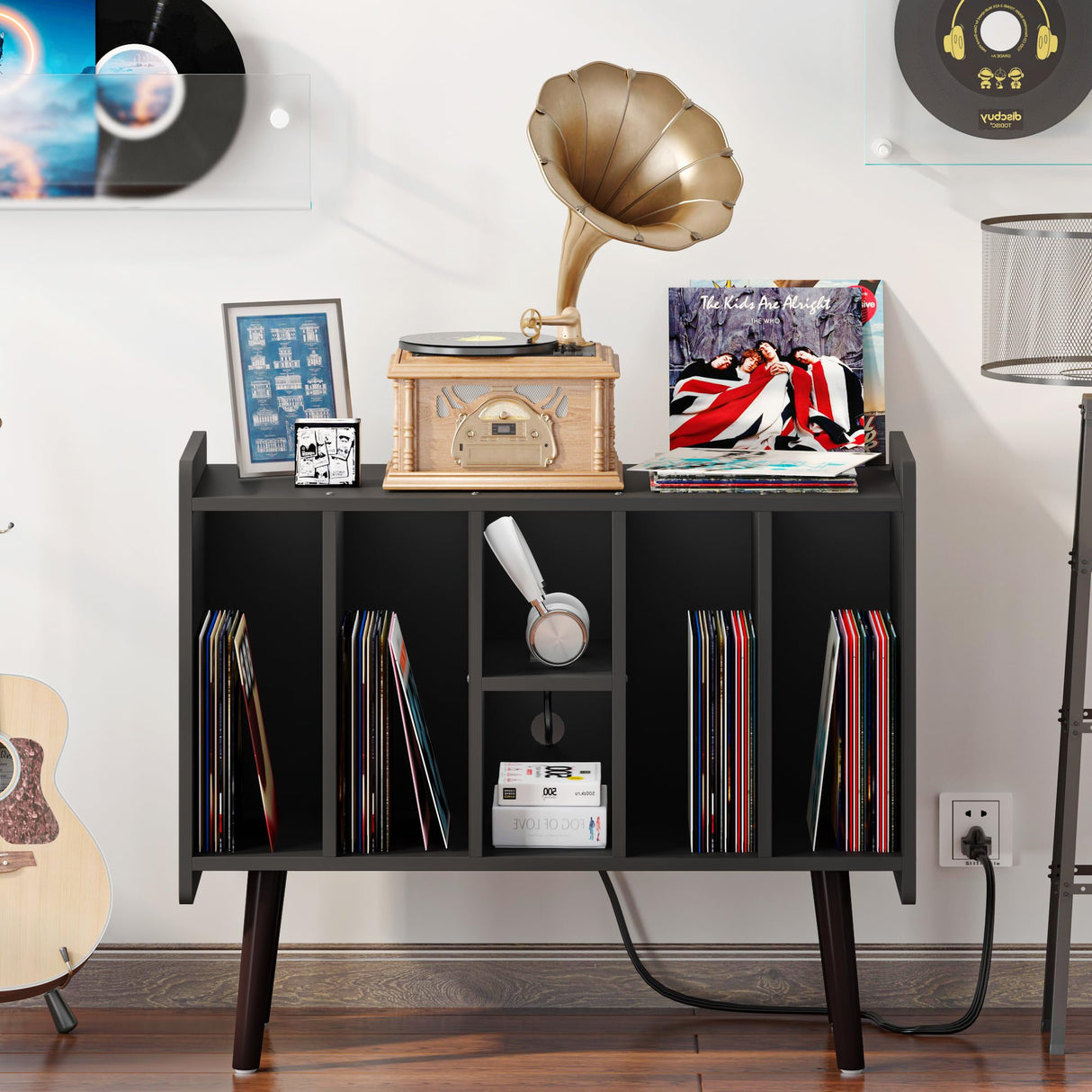 Clikuutory Large Record Player Stand, Vinyl Record Storage Cabinet with Power Outlet & LED Lights Holds Up to 200 Albums, Turntable Stand with Round Wood Legs for Bedroom, Living Room, Black Clikuutory