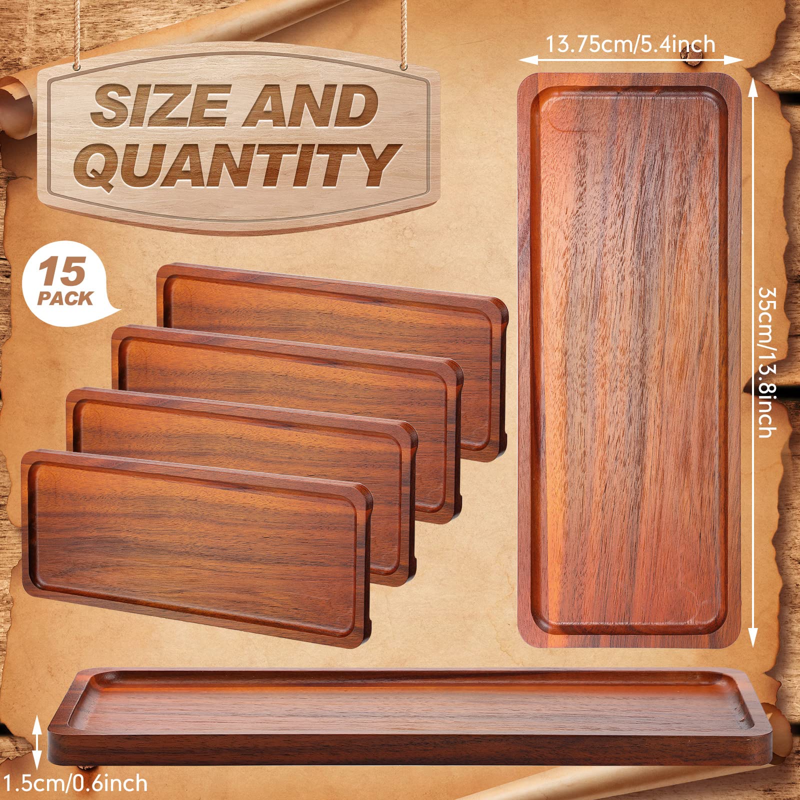 Skylety 15 Pack Solid Wood Serving Tray Large Acacia Party Server Platter Rectangular Charcuterie Board with Grooved Handle for Home kitchen Cheese - WoodArtSupply