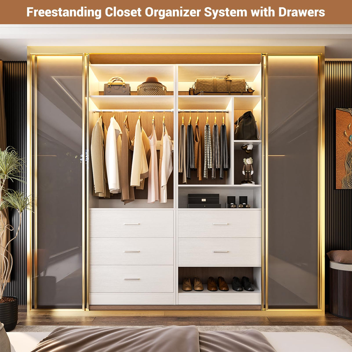 Besiost 4FT Closet Systems with 5 Wood Drawers, 48 Inch Closet Organizer System with 2 Hanging Rods & 7 Shelves, Heavy Duty 48" Walk-in Closet , White (48"L x 15" W x 80" H) Besiost