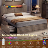 VIAGDO Farmhouse Queen Bed Frame with Headboard and Double Barn Door Storage Cabinets, Rustic Wooden Bed Frame Queen Size with Charging Station, 4 Drawers and LED Lights, No Box Spring Needed, Grey VIAGDO