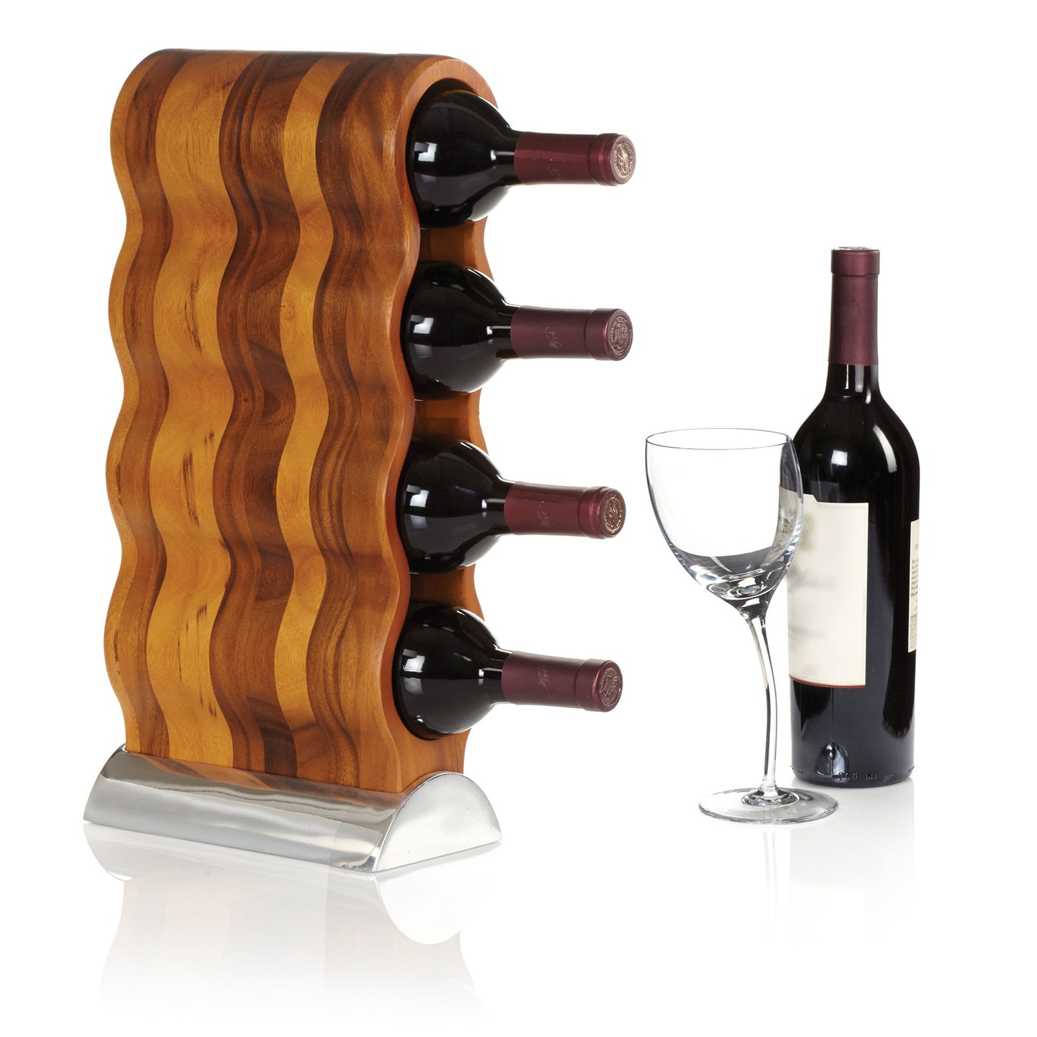 Nambe Curvo Wine Rack | Wooden Wine Rack for Countertop | Wine Bottle Stand for Home Décor | Made of Acacia Wood and Silver Alloy | Designed by Steve Cozzolino Nambe