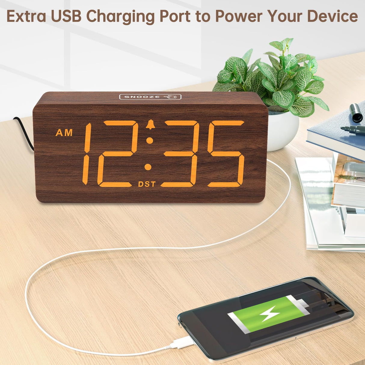 DreamSky Wooden Digital Alarm Clock for Bedroom - Desk Clocks with Large Numbers for Living Room, Office, Dimmer, USB Port, Loud Alarm for Heavy Sleepers with Volume Control, DST, Wood Decor & Gifts DreamSky