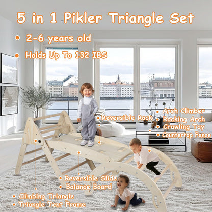 SXHYSM Pikler Triangle Set 5 in1 Foldable Toddler Climbing Toys Wooden Montessori Climbing Set with Arch&Ramp&Ladder Kids Climber Indoor Jungle Gyms for Toddlers Montessori Toys -Large