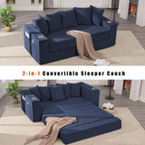 Anwick 2-in-1 Convertible Sleeper Sofa Bed, Corduroy Boneless Loveseat Cloud Couch for Living Room, Compressed Sofa in a Box, 5 Pillows, Fixed Frames, Side Pockets & Cup Holders, No Assembly (Blue) Anwick