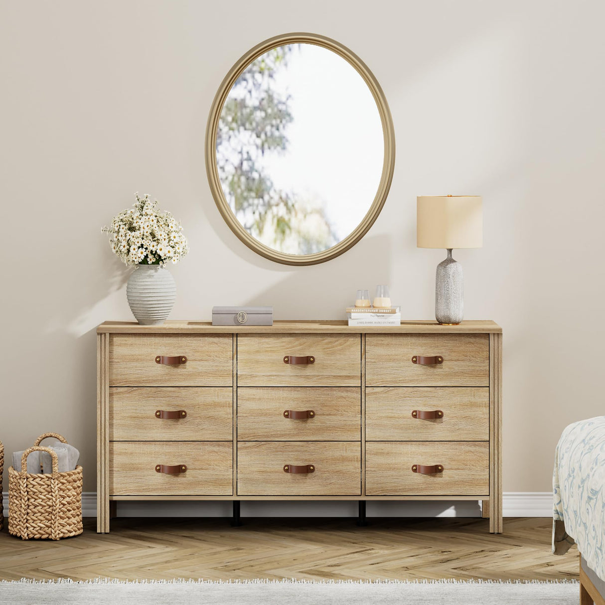 WAMPAT 9 Drawers Dresser for Bedroom,62" Wide Modern Chest of Drawers Storage Cabinetfor Living Room, Nursery, Hallway,Oak WAMPAT