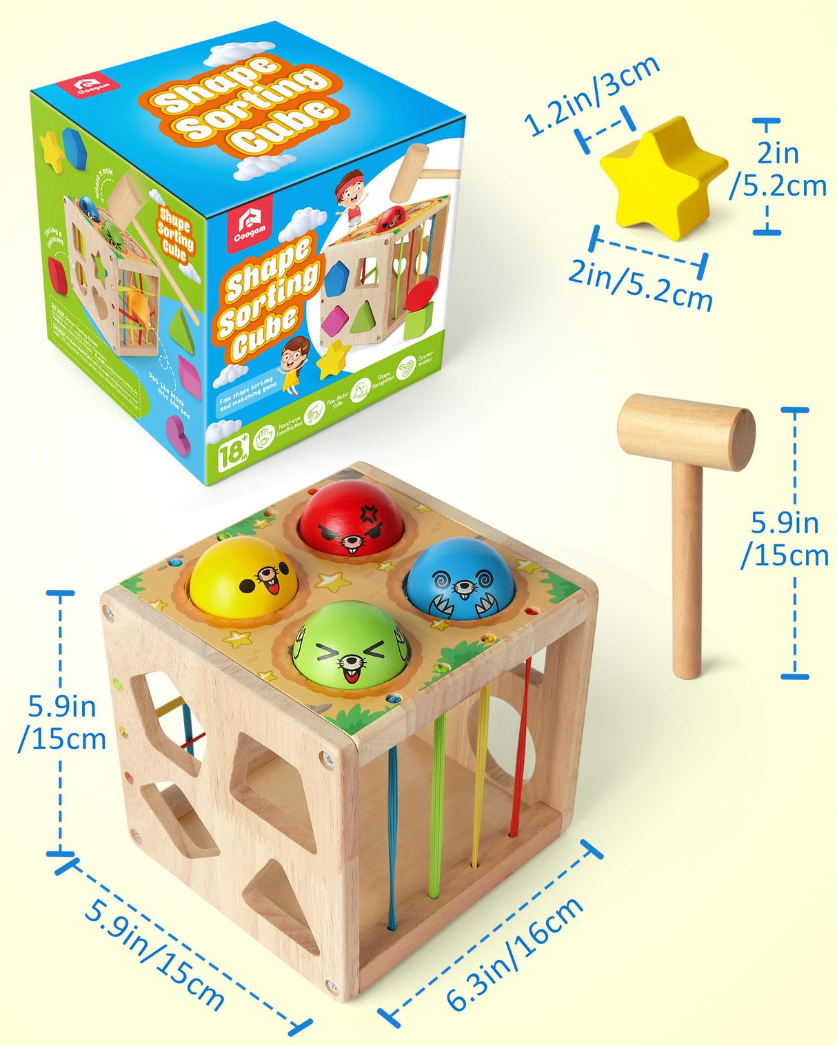 Coogam Wooden Montessori Toys for Toddlers, Shape Sorting Cube Whack Mole Fine Motor Skills Game for Year Old 18 Month+ Baby Boys Girls Gift Coogam