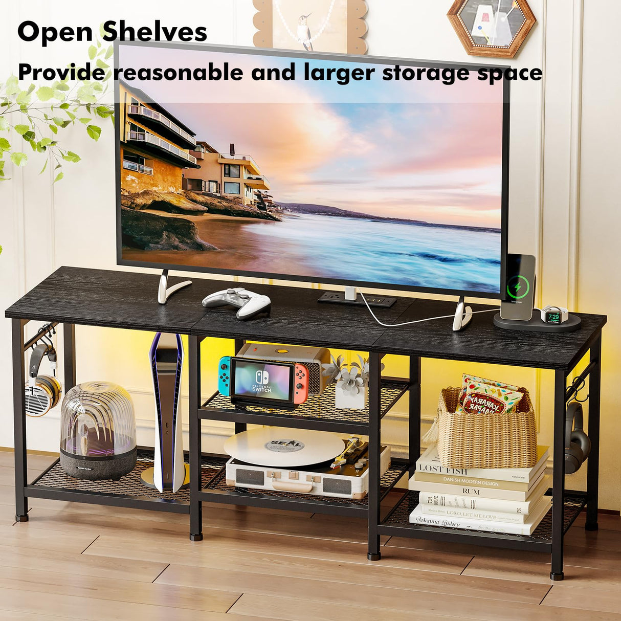 YGEOMER Black TV Stand Entertainment Center for 55 Inch TVs, with Charging Station and Lights Open Storage Shelves, TV Media Console, Open Storage Shelf with Sound Rack for Living Room, Bedroom YGEOMER