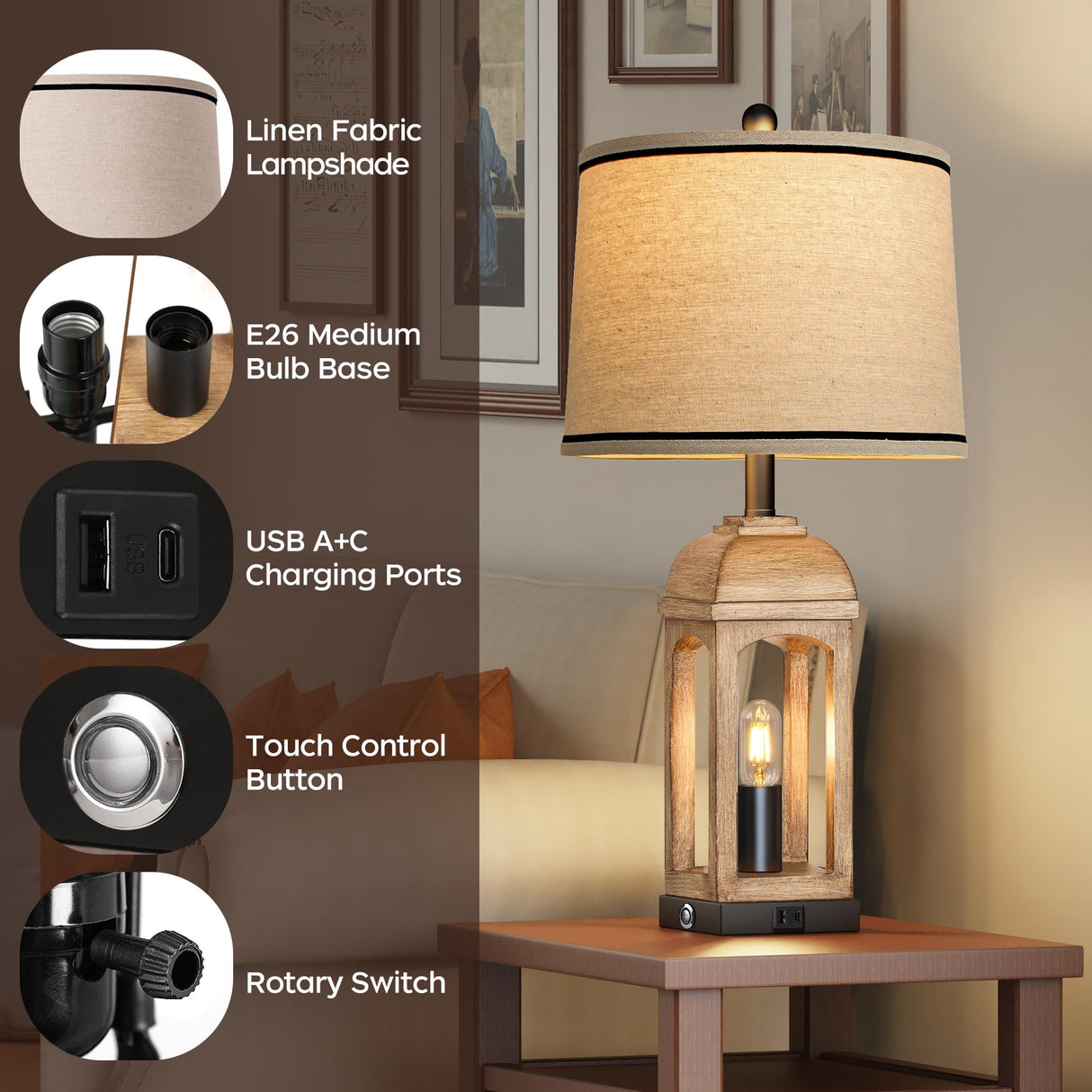 QiMH Table Lamp for Living Room, Farmhouse Lamps Set of 2 with USB A+C and Nightlight, 26" Rustic Bedside Lamps with 3-Way Dimmable Touch Control, Nightstand Lamp for Bedroom Decor, Wood Grain QiMH
