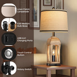 QiMH Table Lamp for Living Room, Farmhouse Lamps Set of 2 with USB A+C and Nightlight, 26" Rustic Bedside Lamps with 3-Way Dimmable Touch Control, Nightstand Lamp for Bedroom Decor, Wood Grain QiMH