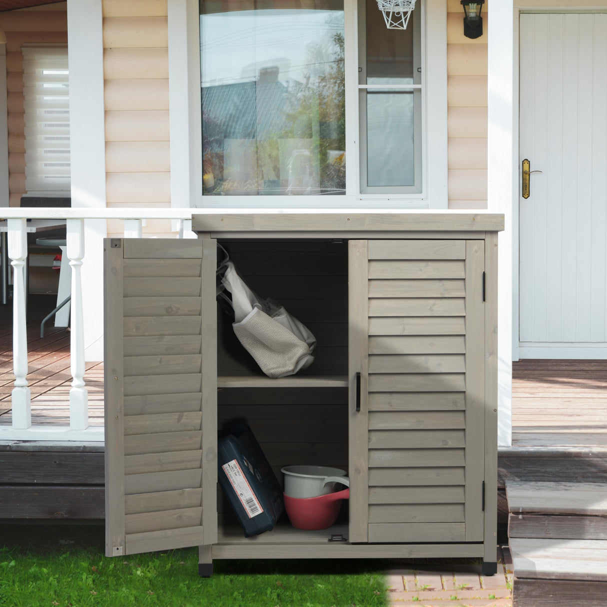 Outdoor Storage Cabinet & Potting Bench Table with Metal Top, Wooden Patio Furniture, Garden Workstation (Accent Grey, 36x31x17in) SoliWood