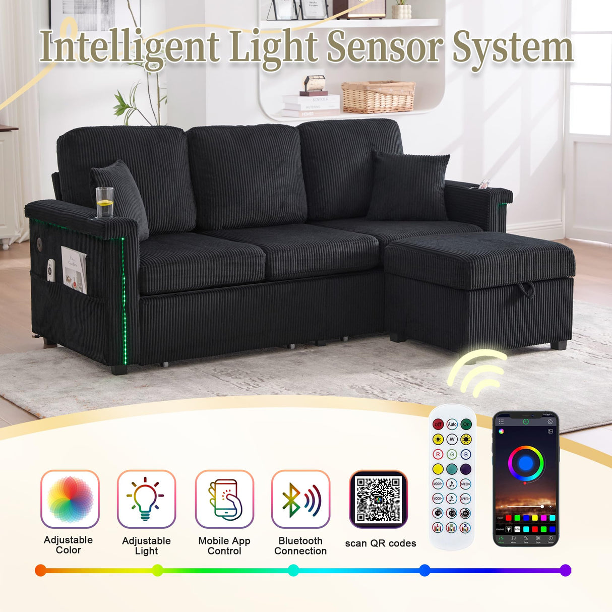 76'' L Shaped Sectional Couches with Storage Ottoman, 3 Seater Corduroy Sofa with 2 Drawers, USB Charger, Cup Holder, Changeable Light and Side Bag for Living Room, Apartment, Small Space, Black Repantes