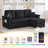 76'' L Shaped Sectional Couches with Storage Ottoman, 3 Seater Corduroy Sofa with 2 Drawers, USB Charger, Cup Holder, Changeable Light and Side Bag for Living Room, Apartment, Small Space, Black Repantes
