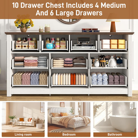 chartustriable Farmhouse 10 Drawer Dresser for Bedroom, 63” Wood Chest of Drawers with Rustic Handles, Wide Closet Dressers Organizer, Living Room, Hallway, Bedroom Furniture, Antique White chartustriable