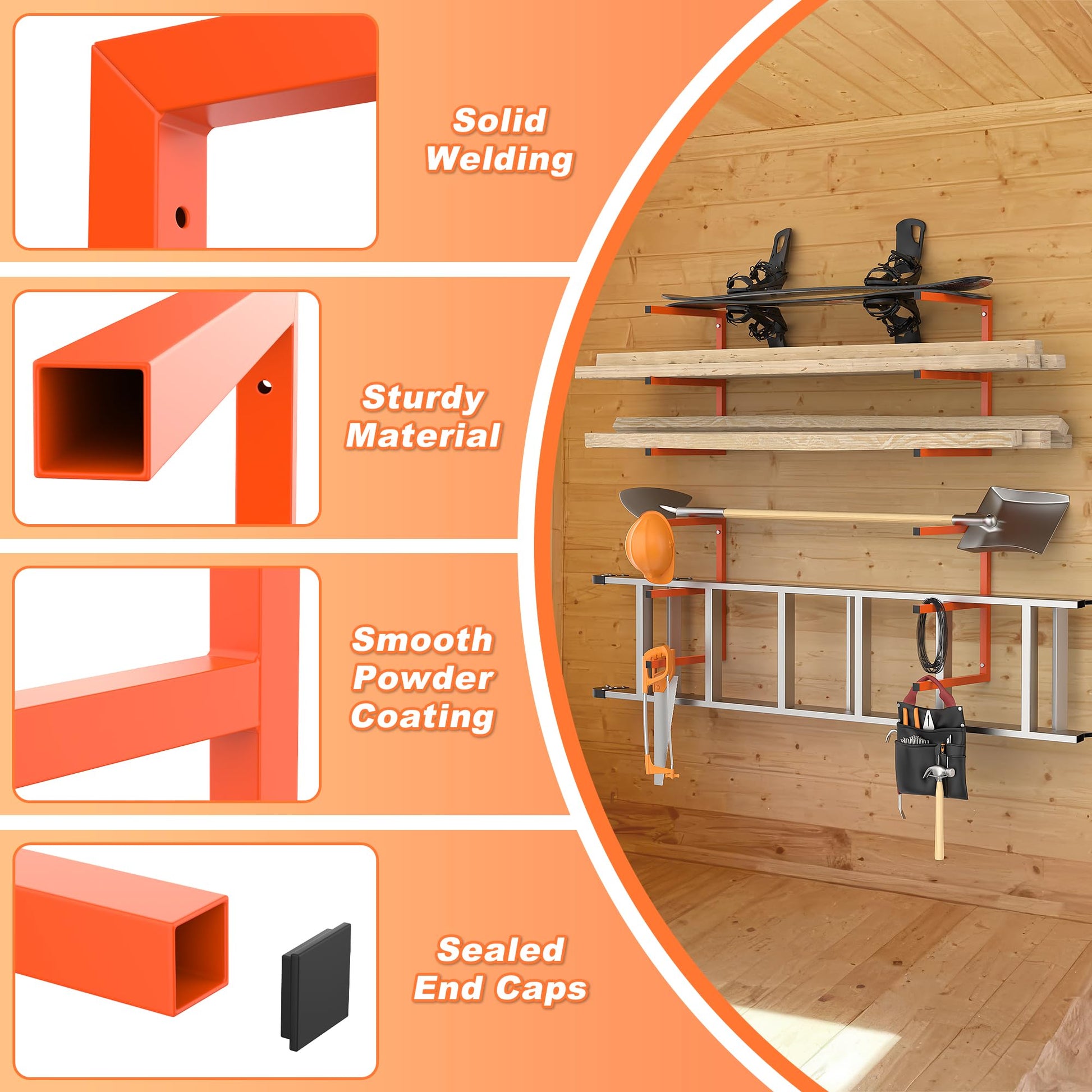 Ultrawall Lumber Storage Rack Wall Mount Wood Storage Racks, Metal Wood Organizer Racks for Shed, Workshop, Garage, Holds Up 220 LBS Per Level (Pack of 4, Orange) - WoodArtSupply