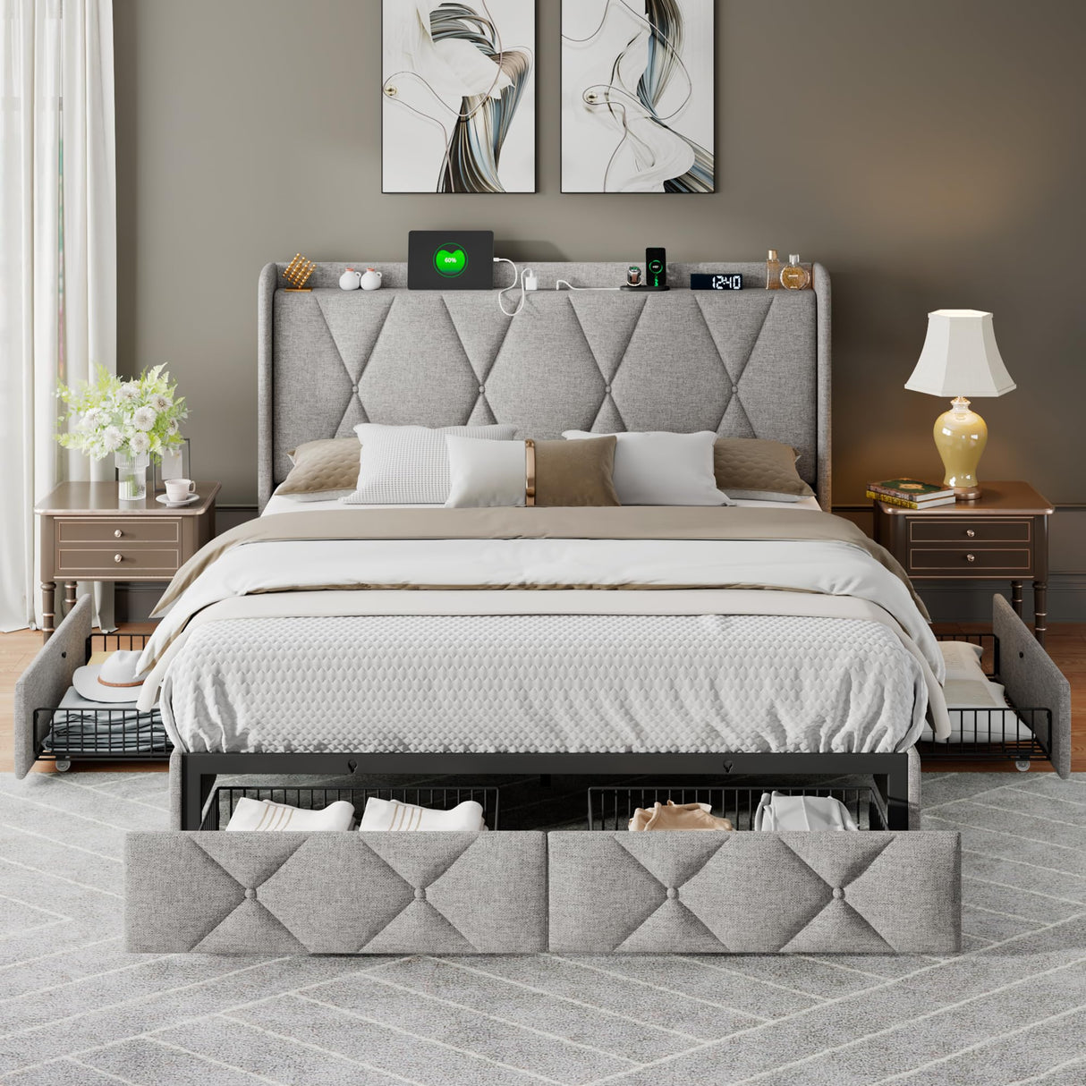 Feonase Full Bed Frame with 4 Storage Drawers, Upholstered Button Tufted Storage Headboard with Fast Charging Station, Heavy Duty Slats Support, No Box Spring Needed, Noise-Free, Light Grey Feonase