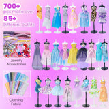 700+Pcs Fashion Designer Kit for Girls - Sewing Kit Arts and Crafts Set for Kids Ages 8-12 with 5 Mannequins & Instruction DIY Doll Clothes Making Learn to Sew Toys for Girls Christmas Birthday Gift nasominako