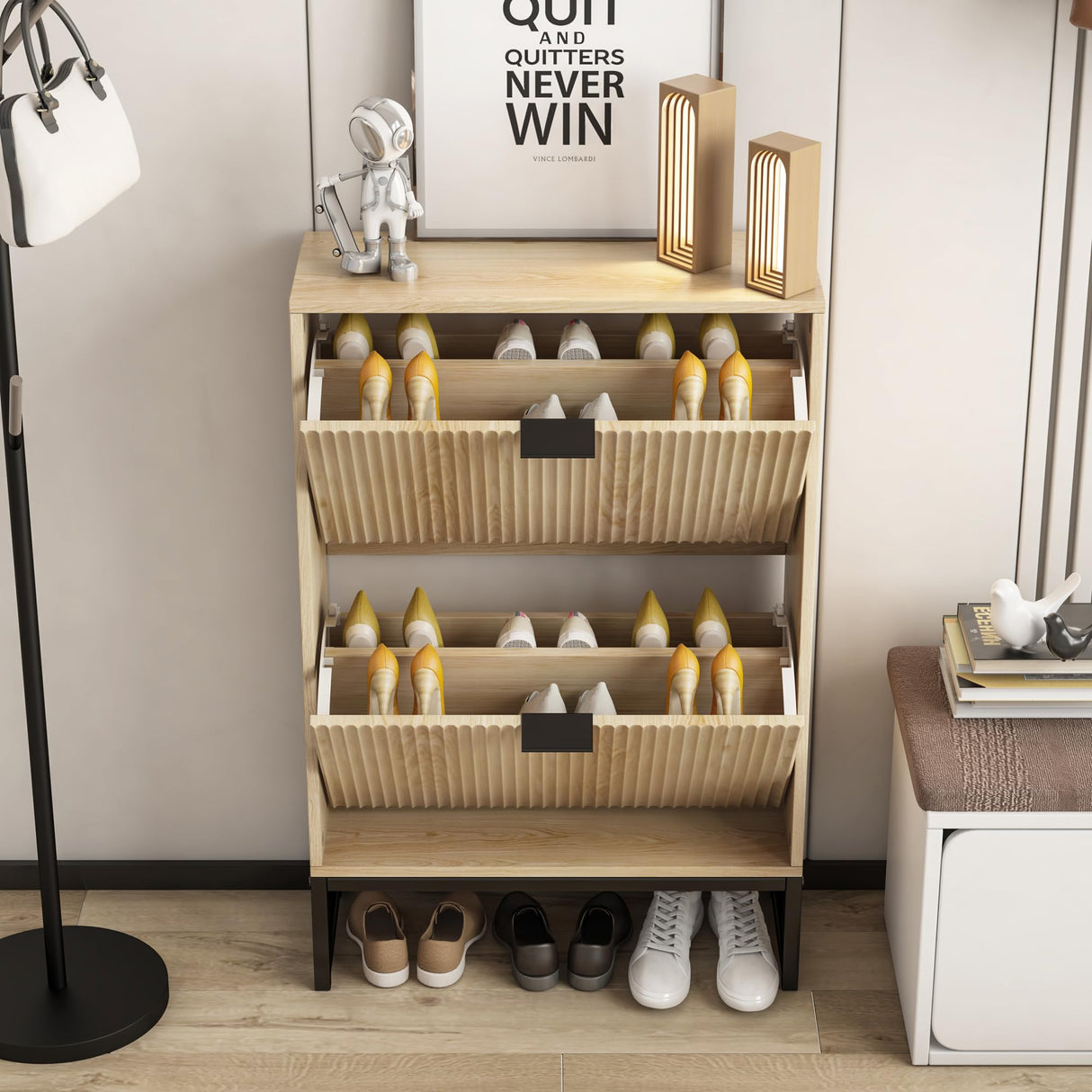 Lisicues Shoe Cabinet Storage for Entryway, Modern Slim Shoe Organizer, Tipping Shoe Cabinet with 2 Flip Drawers Fluted Panel, Narrow Shoe Rack for Living Room (Wood) Lisicues