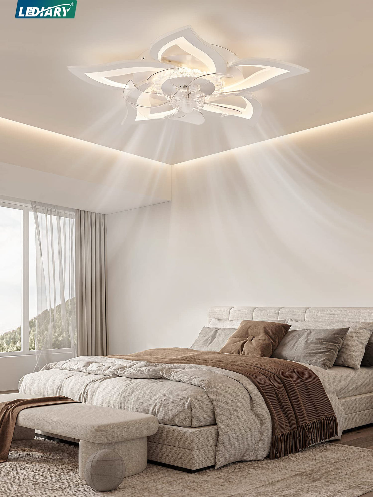 LEDIARY Flower Ceiling Fans with Lights, Small 27 Inch Modern Low Profile Ceiling Fan, Dimmable LED Ceiling Light Fixture, Flush Mount Ceiling Fans with Remote for Bedroom, Kitchen, Indoor-White LEDIARY