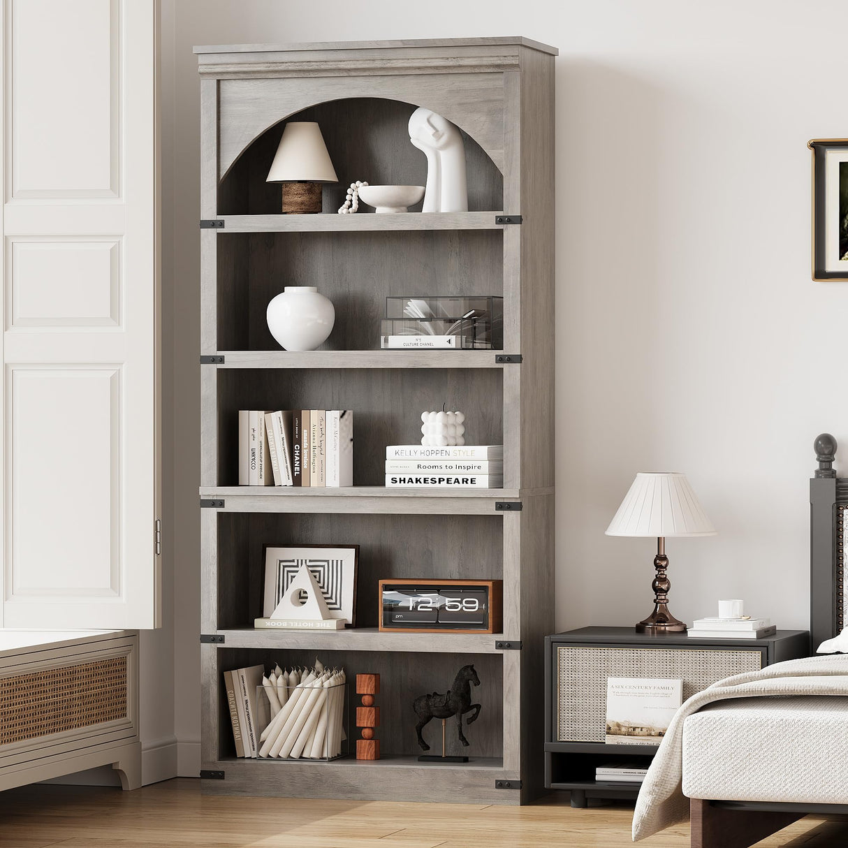 GarveeHome Arched Bookcase 5 Shelf Bookshelf 68.7 in Tall Bookcase Farmhouse Curved Storage Rack Wooden Bookshelves for Home Office, Living Room,Grey GarveeHome