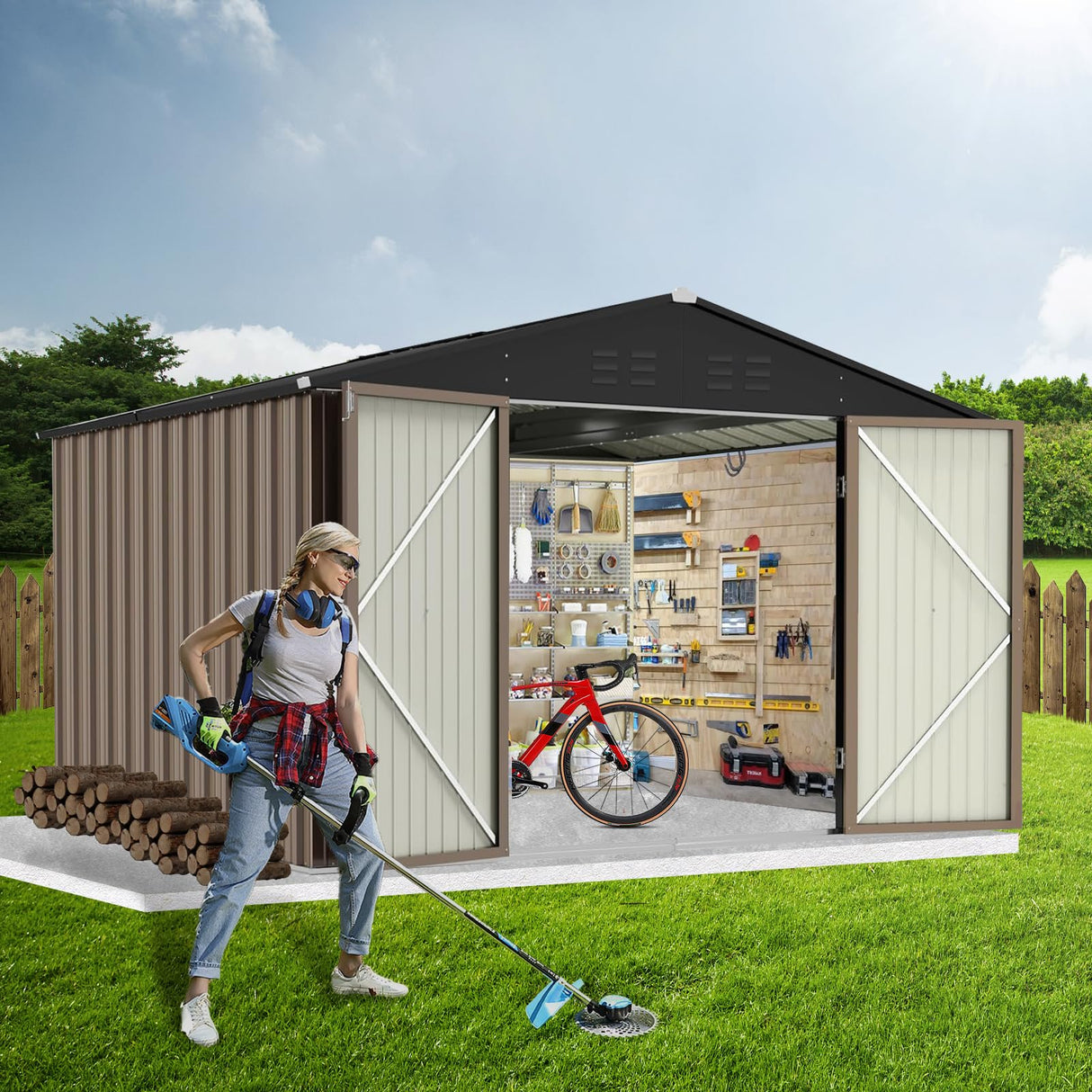 GarveeLife 7.5x8.5 ft Outdoor Storage Shed, Large Steel Multipurpose Yard Shed, Metal Outdoor Tool Shed with Sloped Roof and Door Lock Design for Organizing Tools & Equipment in Yard, Garden, Brown GarveeLife