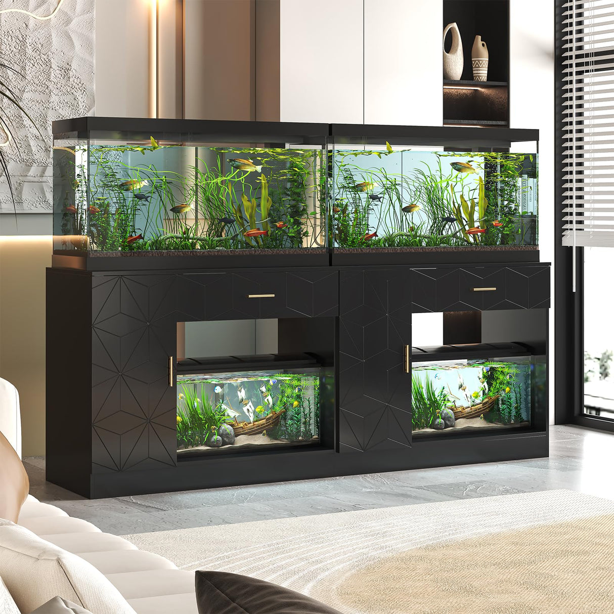 Saudism 40 Gallon Fish Tank Stand, 29 -50 Gallon Aquarium Stand, Black Tank Stand, Fish Tank Table with Drawer and Cabinet, Sturdy and Durable Saudism