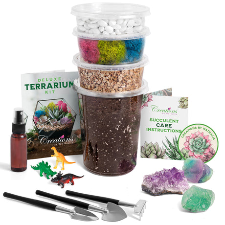 Creations by Nathalie – DIY Large Terrarium Starter Kit with Soil, Moss, Pebbles, Healing Crystal, Tools & Supplies – Terrarium Kit for Adults & Kids, Handcrafted in USA Creations by Nathalie