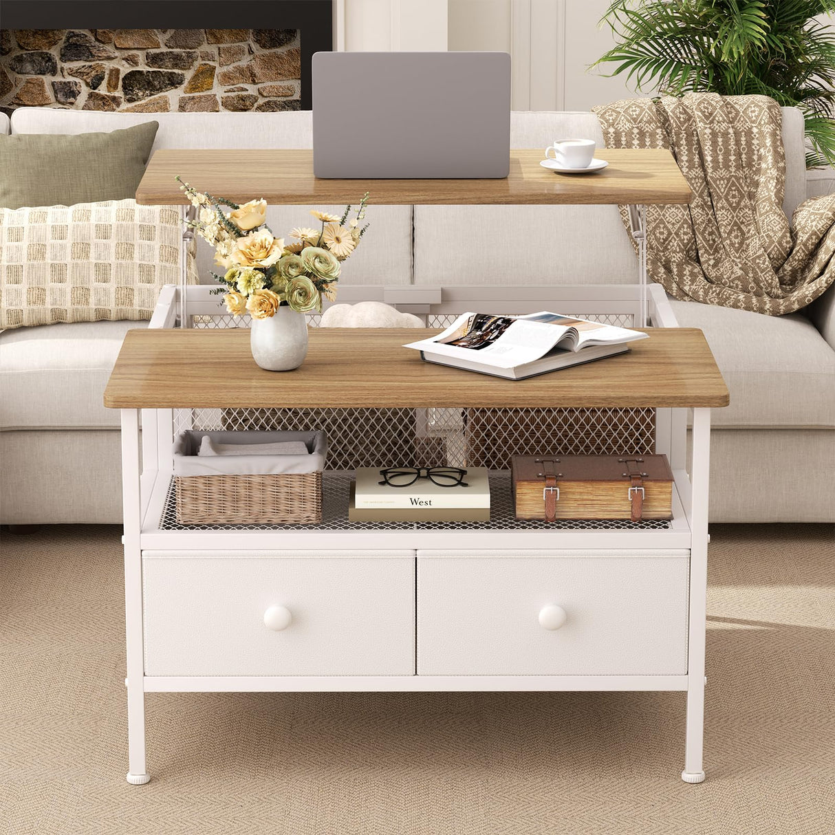 FABATO Lift Top Coffee Table, Square Coffee Table Metal Wood, Farmhouse Lift Up Coffee Table Cocktail Table with Wire Mesh Barn Door and Storage, Steel Frame, Small Tea Table for Living Room, White FABATO
